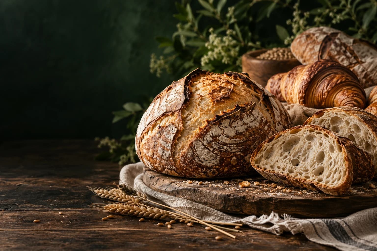 Golden artisan loaves and croissants on a rustic bakery table