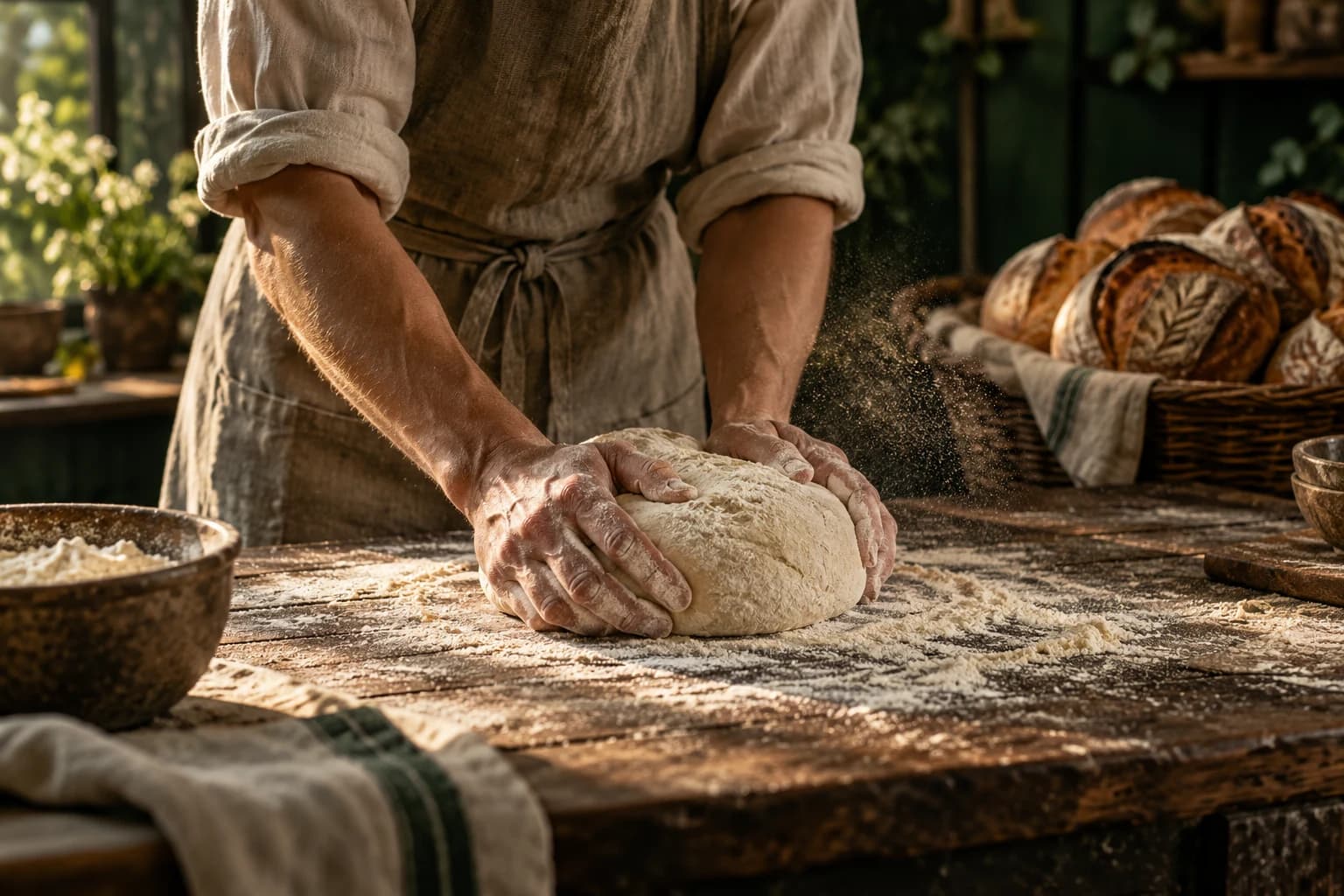 Hands shaping a loaf on a flour-dusted bakery counter